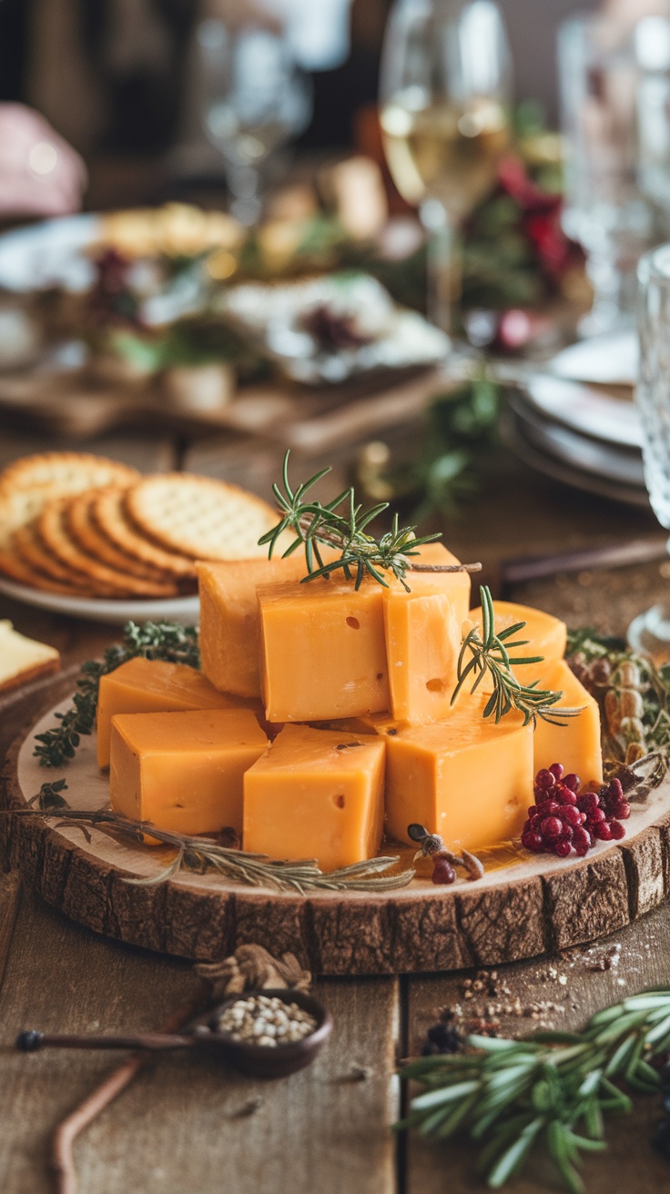 Marinated cheddar cheese cubes on a platter with herbs, ideal for parties and appetizers.